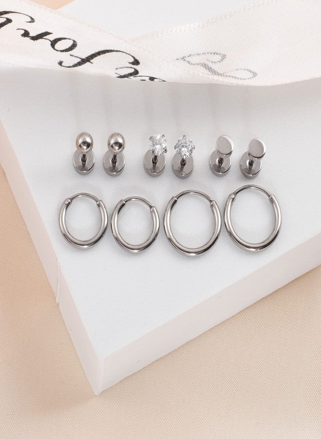 Staligue 5 Pairs Pure Titanium Earrings for Women - 20G Hypoallergenic Flat Back Earrings - Studs & Hoops Set with CZ(Silvery) - Image 2
